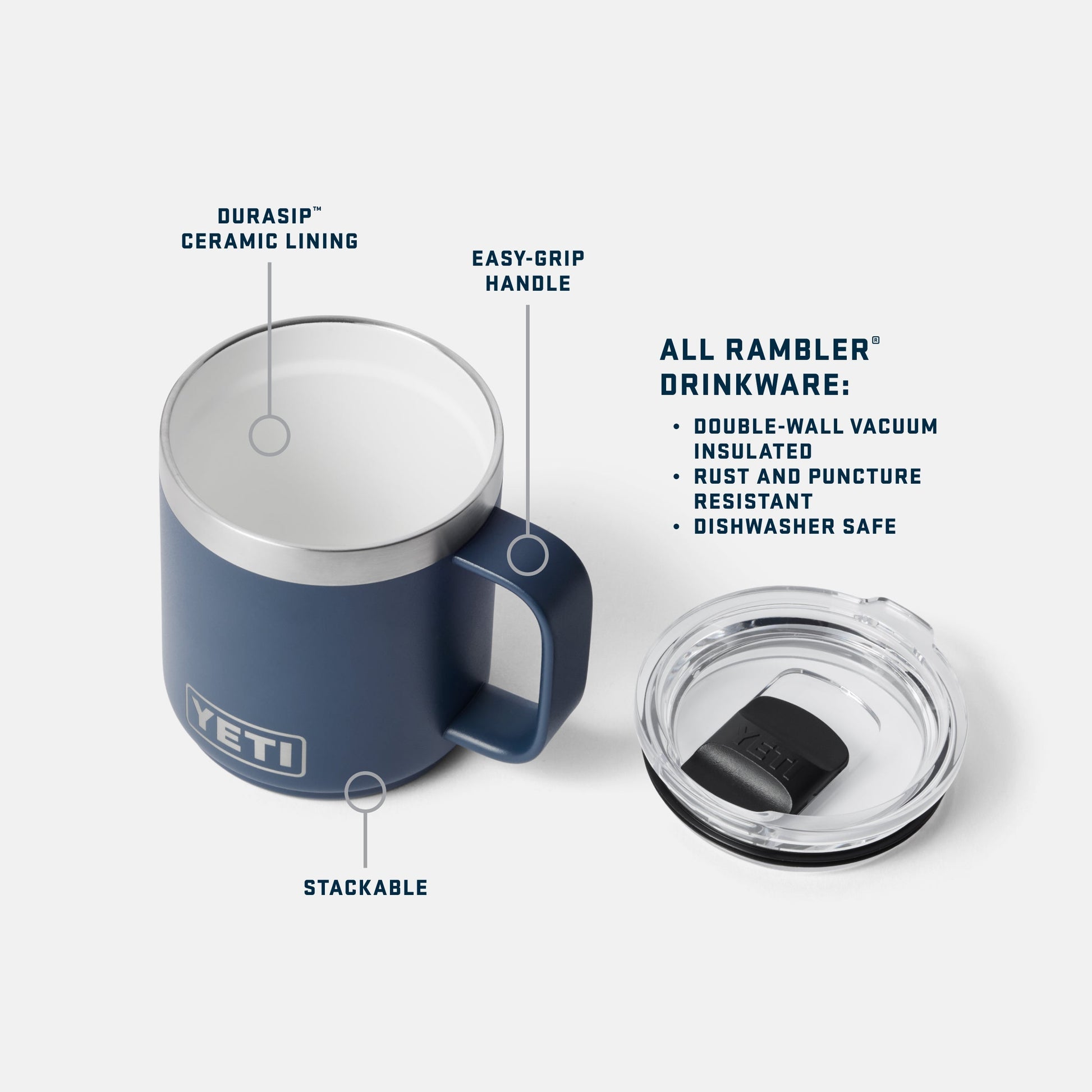 YETI mug with features highlighted on a white background